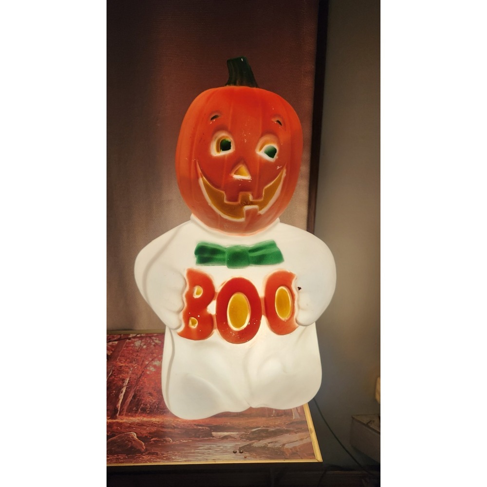Vtg 24" TPI Jack O Lantern Pumpkin Ghost Blow Mold BOO Halloween Yard Decoration